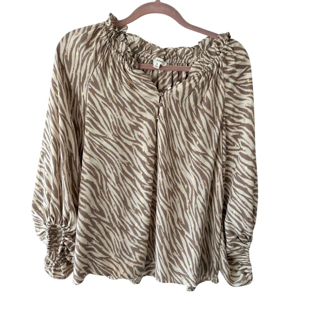 Blu Pepper Zebra Print Blouse Gold Detail Smocked Small
